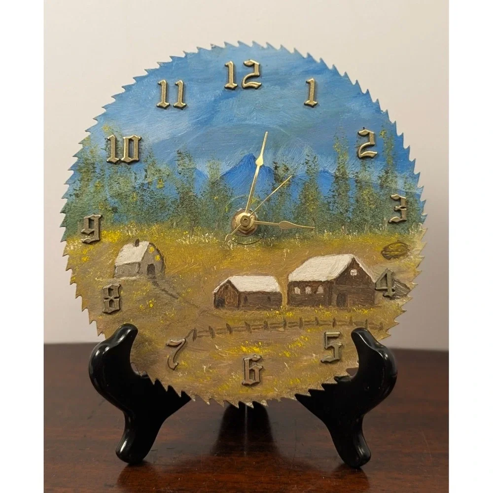 Hand Painted Circular Saw Blade‎ Wall Clock Rustic Cabin Mountain Folk Art 8in